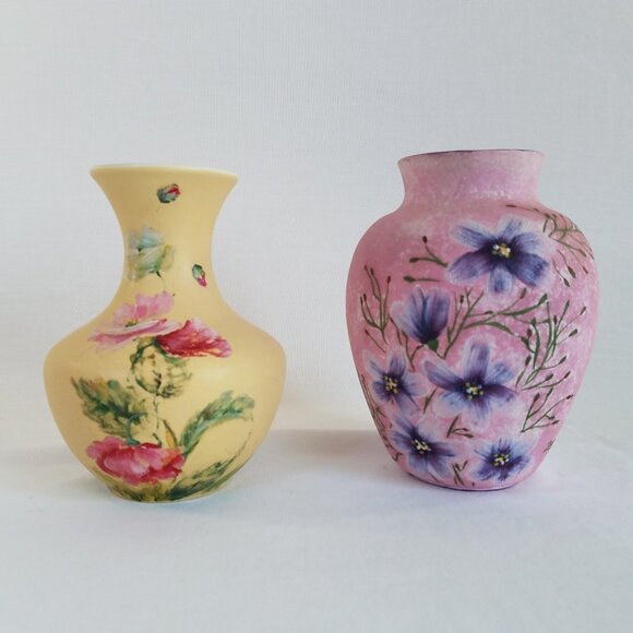 2 Hand Painted Pottery Vases Yellow Coors Pottery 6" Pink Purple Floral 6.5" Vtg - Picture 1 of 16